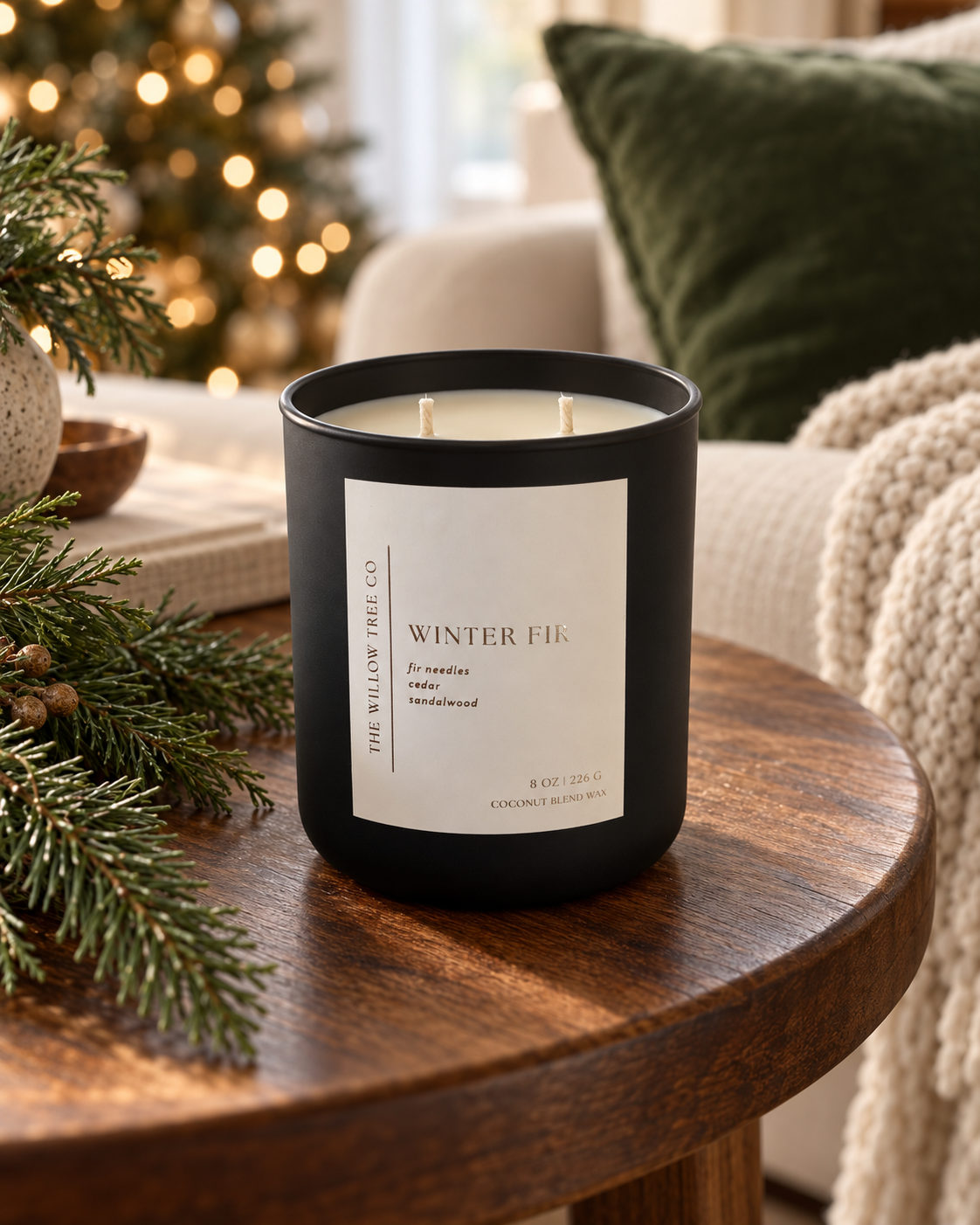 A black scented candle with a white label reading 'WINTER FIR' sits on a round wooden table in a cozy living room setting with a blurred Christmas tree and green pillow in the background.