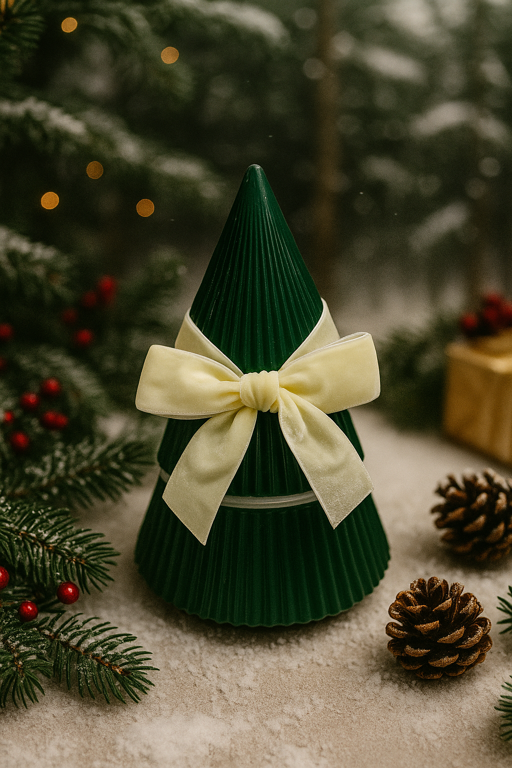 Green decorative cone with a white bow on a surface with pine branches and pinecones.