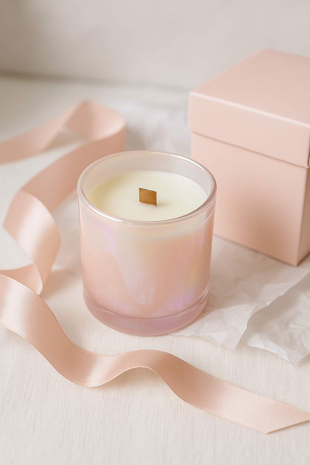 Pink candle with a wooden wick on a white surface with a pink ribbon and box.