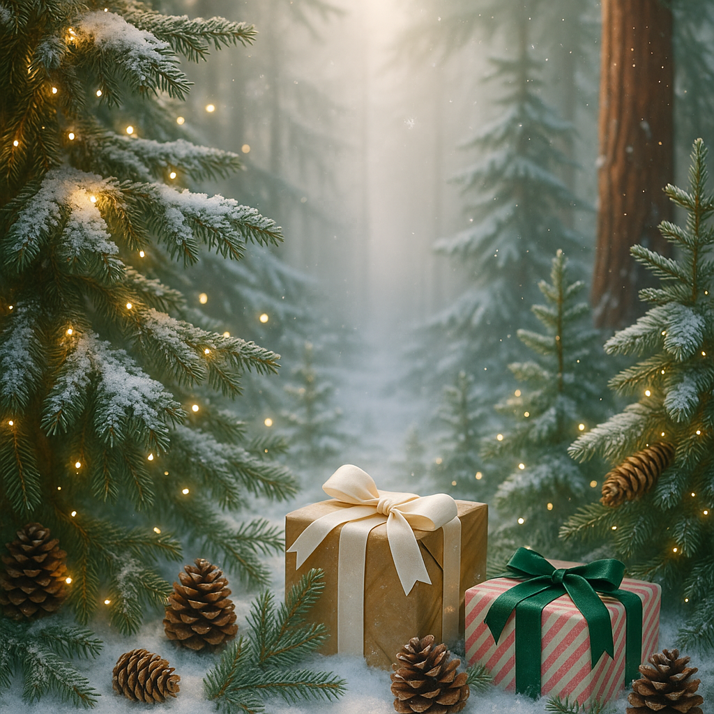 Gifts under a decorated Christmas tree in a snowy forest