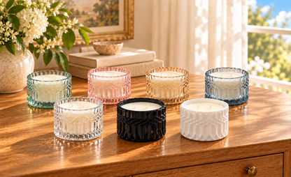 Seven textured glass candles in assorted colors including blue, pink, gold, black, green, clear, and white, arranged on a wooden table in a warm, sunlit room.