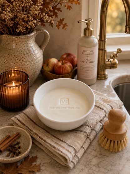 A white ceramic candle bowl with a wooden wick sits on a striped beige towel on a kitchen counter, surrounded by fall-themed props including a lit candle, apples, a pitcher of dried flowers, and a soap dispenser labeled Autumn Brewed with Old Apple Spice.