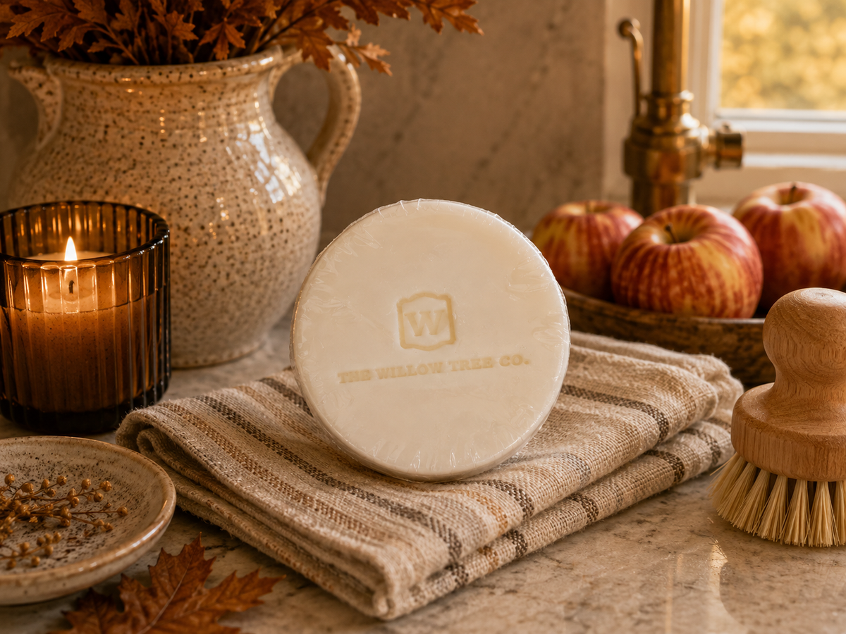 A round bar of soap from The Willow Tree Co. sits on a folded linen towel on a kitchen counter, surrounded by autumn-themed props including a lit candle, a ceramic pitcher with dried leaves, apples, and a wooden brush.