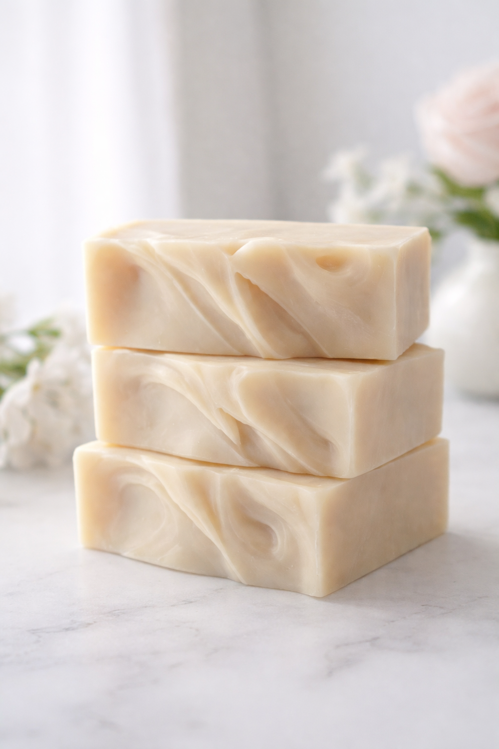 Three bars of soap stacked on a marble surface with a blurred background