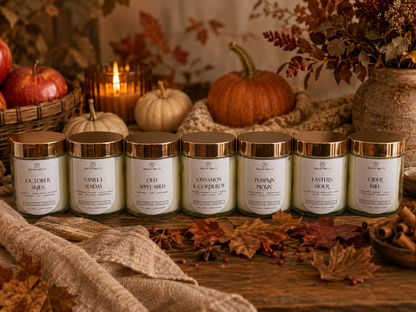 Seven scented candles in clear glass jars with white labels and metallic rose-gold lids are arranged on a rustic wooden surface. The candles are styled with autumn props including pumpkins, fall leaves, a candle, and woven textiles.