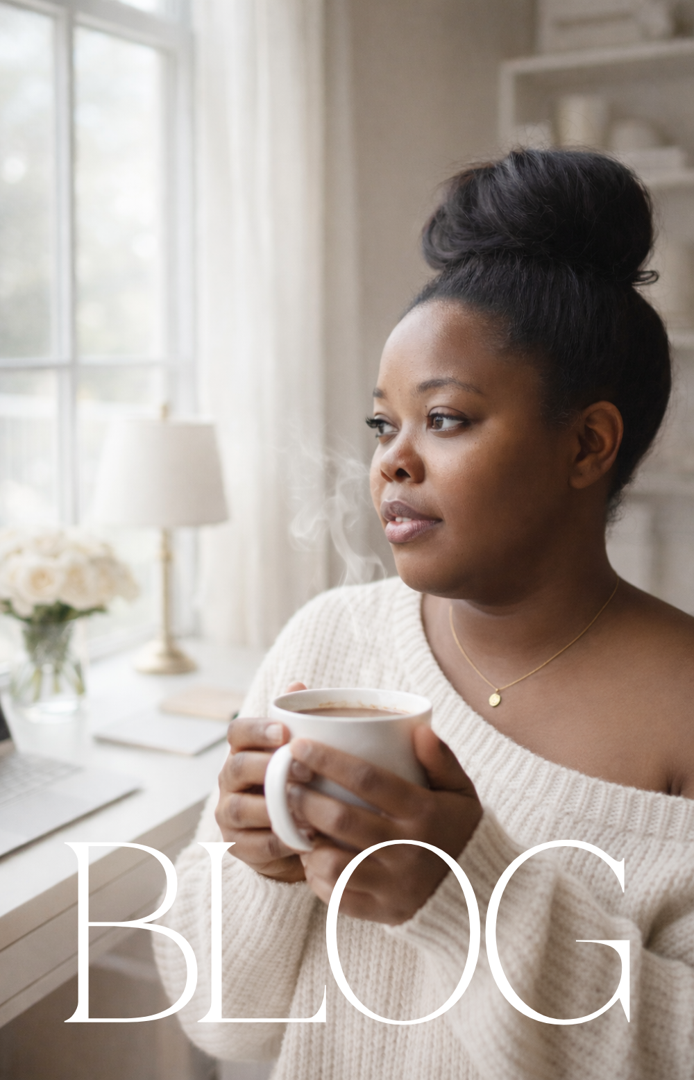 Woman holding a mug in a cozy room with 'BLOG' text overlay
