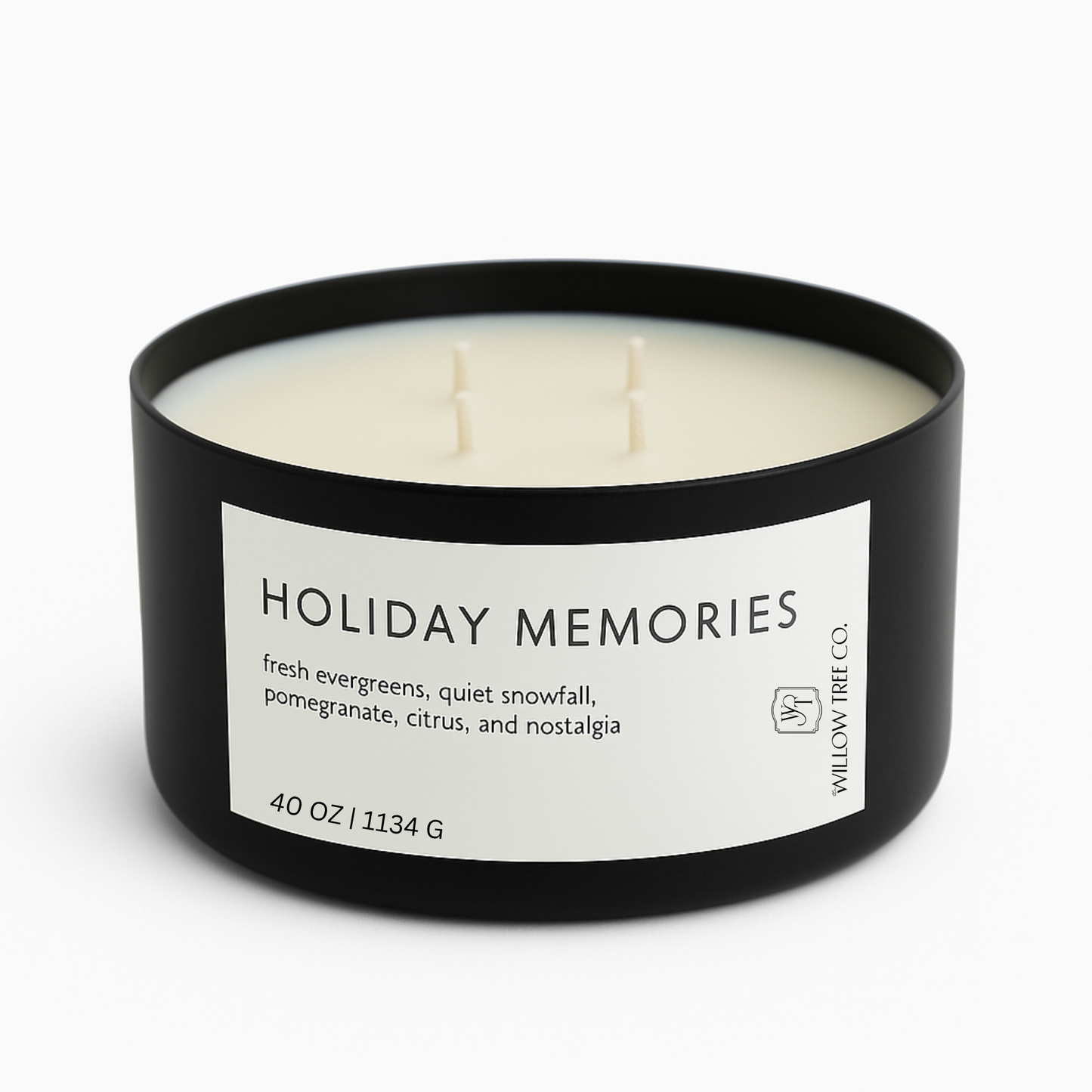 Candle with 'Holiday Memories' label on a white background