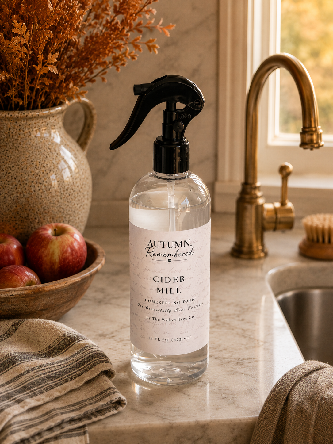 A clear spray bottle of Autumn, Remembers Cider Mill showering foam stands on a marble kitchen counter near a brass faucet, with apples and a vase in the background.