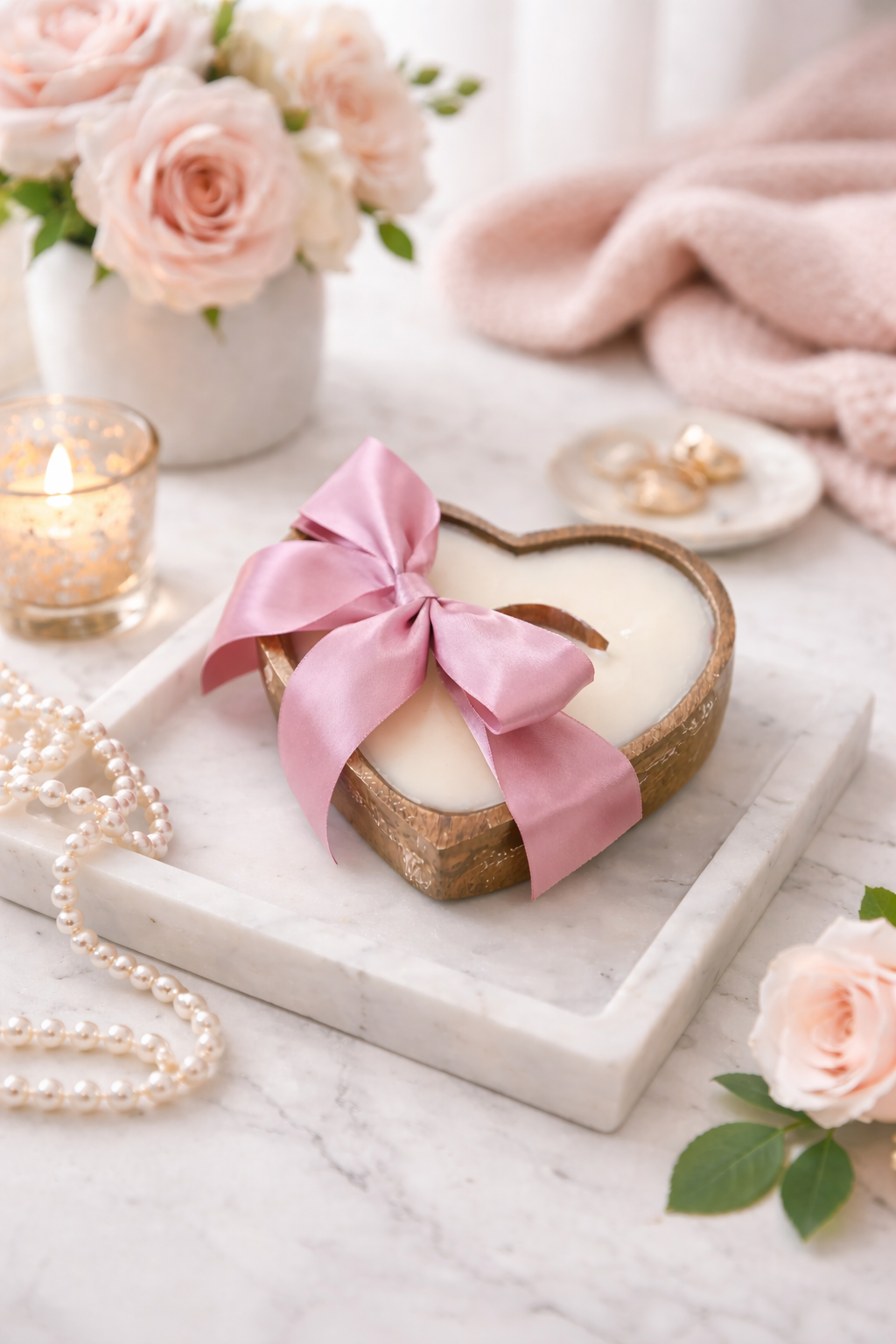 Heart-shaped candle with a pink ribbon on a marble surface with flowers and jewelry.
