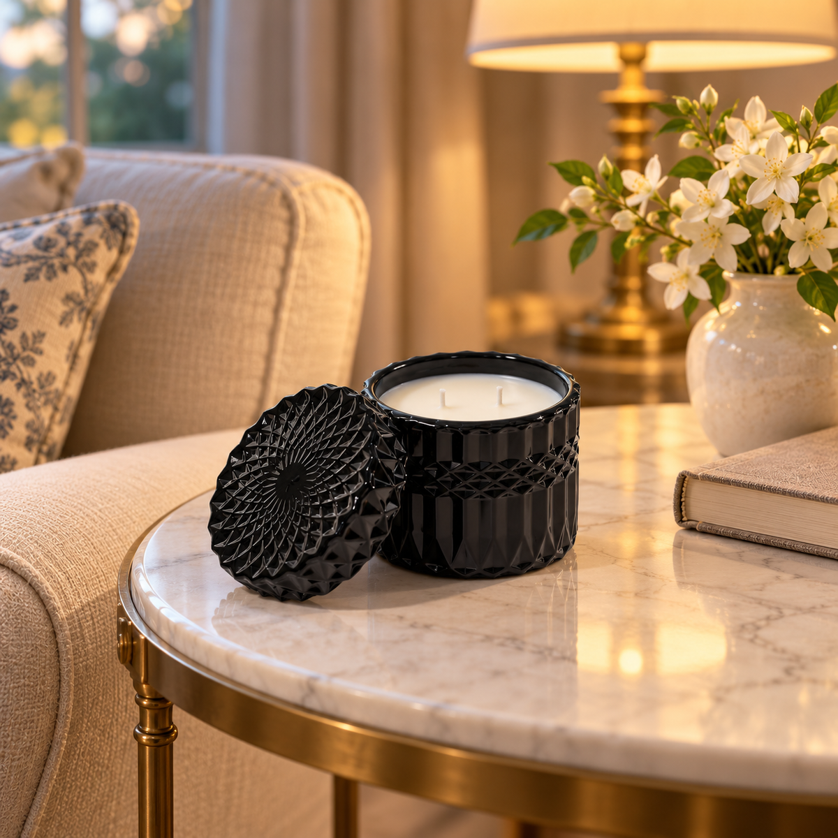 A black textured jar candle with its lid off, set on a marble-topped table in a cozy living room next to a sofa and a vase of white flowers.