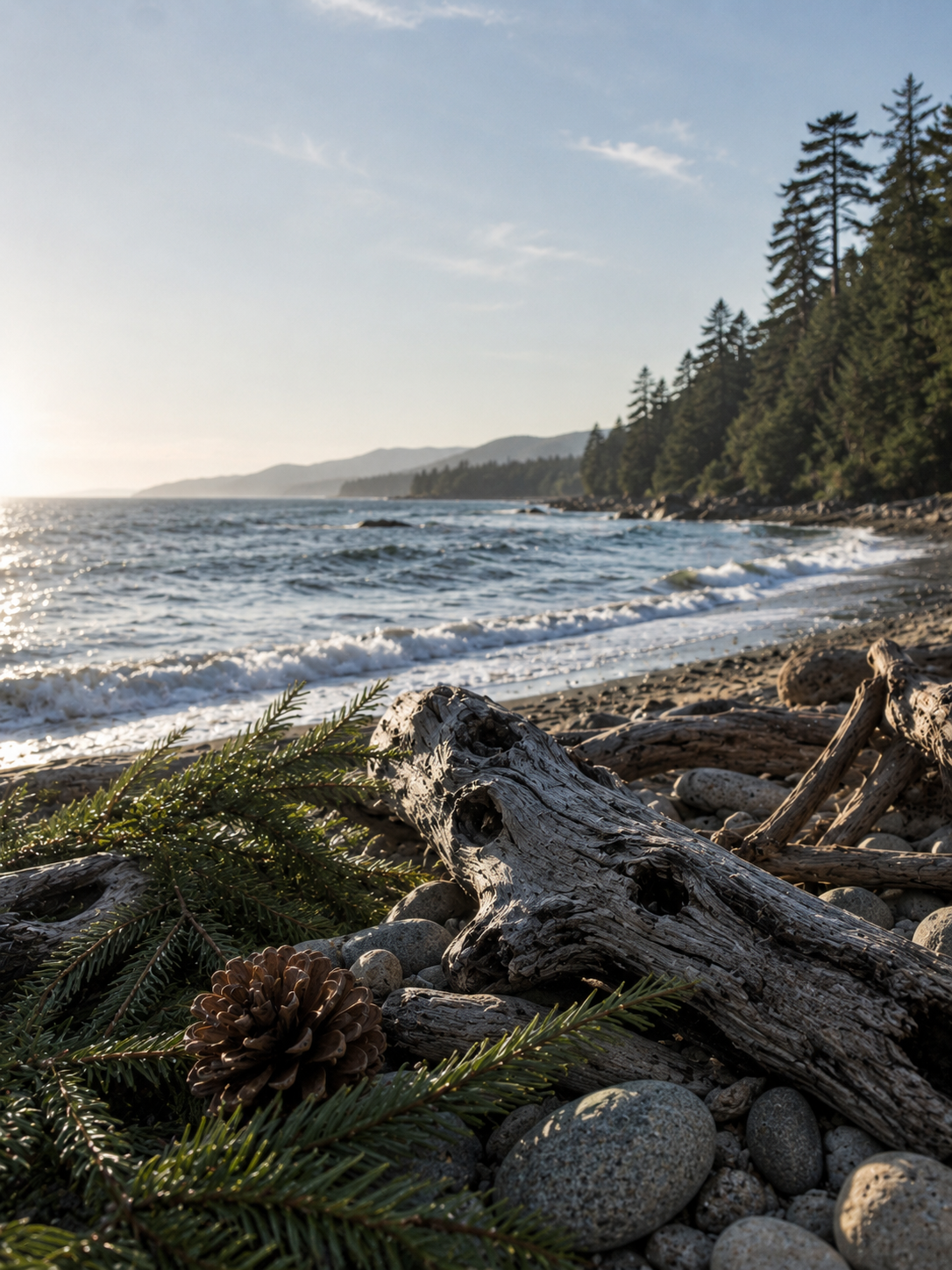 Beach scene with driftwood, pine cones, and trees on a sunny day.