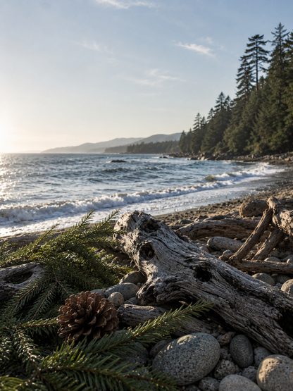 Beach scene with driftwood, pine cones, and trees on a sunny day.