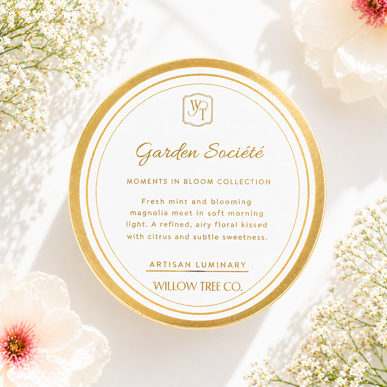 Garden Société luxury spring candle with gold lid styled with delicate florals, inspired by fresh mint and magnolia