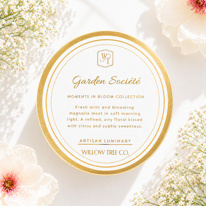 Garden Société luxury spring candle with gold lid styled with delicate florals, inspired by fresh mint and magnolia