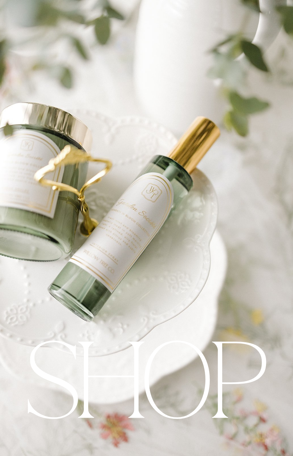 Skincare products with a 'SHOP' text overlay on a soft background