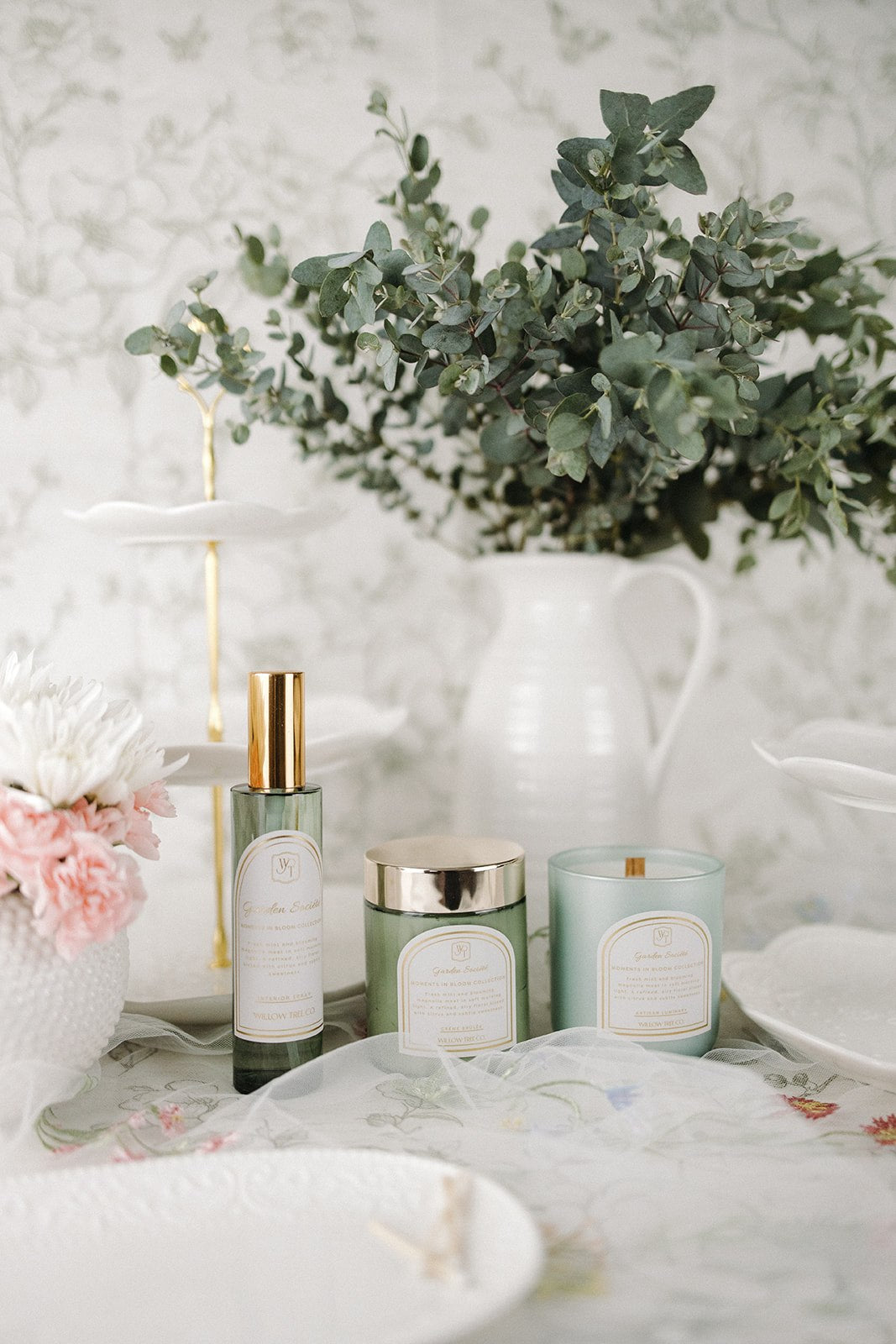 Garden Societe collection with eucalyptus leaves on a decorative table