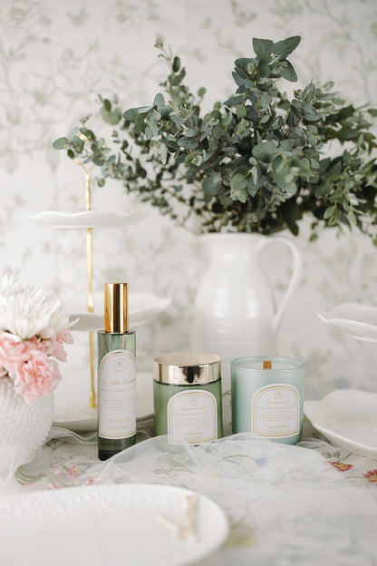 Garden Societe collection with eucalyptus leaves on a decorative table
