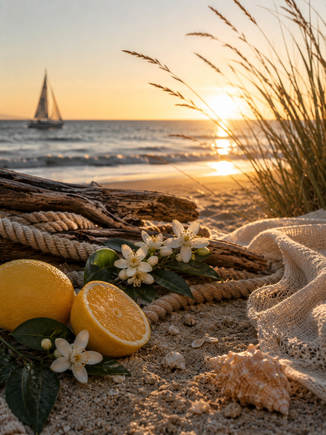Lemons and flowers on sand with sunset and sailboat in background