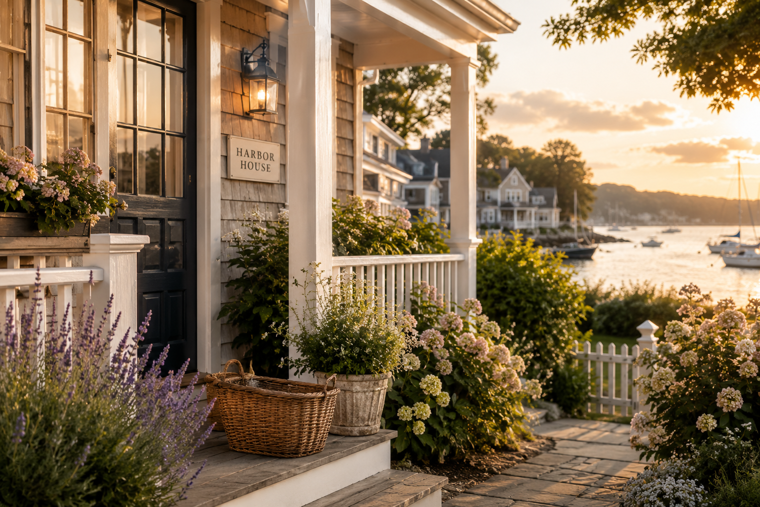 Front porch of a house with flowers and a view of a harbor at sunset.