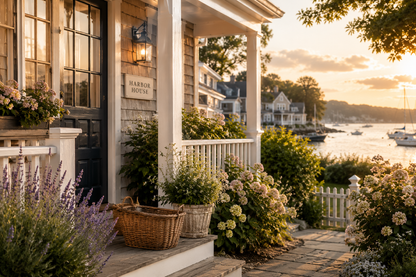 Front porch of a house with flowers and a view of a harbor at sunset.