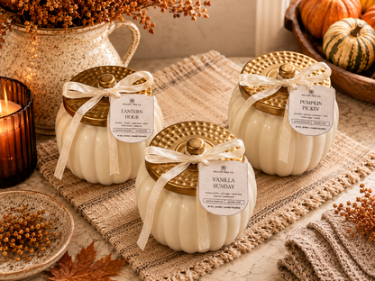 Three decorative candle jars shaped like pumpkins with gold lids and cream ribbed bodies, tied with white ribbons and labeled 'Lantern Hour,' 'Vanilla Sunday,' and 'Pumpkin Pickin'. They are styled on a woven runner with autumn props including pumpkins, a candle, and dried flowers.