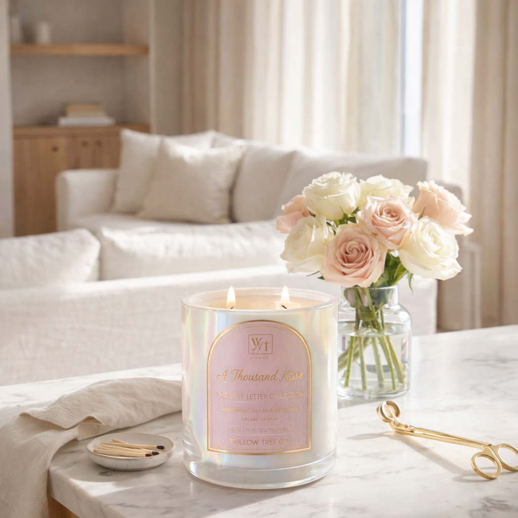 Candle with a pink label on a table in a living room with flowers and a couch.
