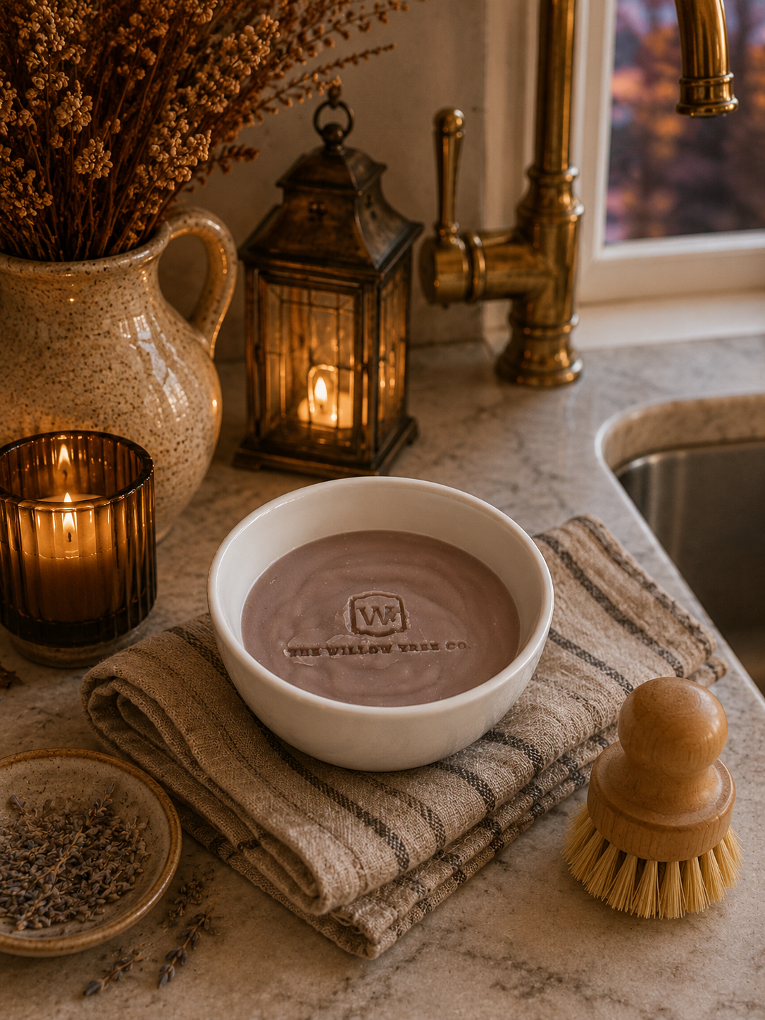 A white ceramic bowl filled with a brown solid dish soap, placed on a folded beige towel on a kitchen counter. The scene includes a brass faucet, a lantern candle, a jar of dried flowers, and a wooden scrubber.