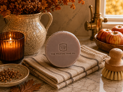 A round bar of soap from The Willow Tree Co. sits on a folded striped kitchen towel on a marble countertop, styled with a lit candle, ceramic pitcher of dried flowers, apples, and a wooden brush.