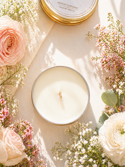 Luxury coconut wax candle with wooden wick in a bright floral flat lay, soft spring styling and natural light