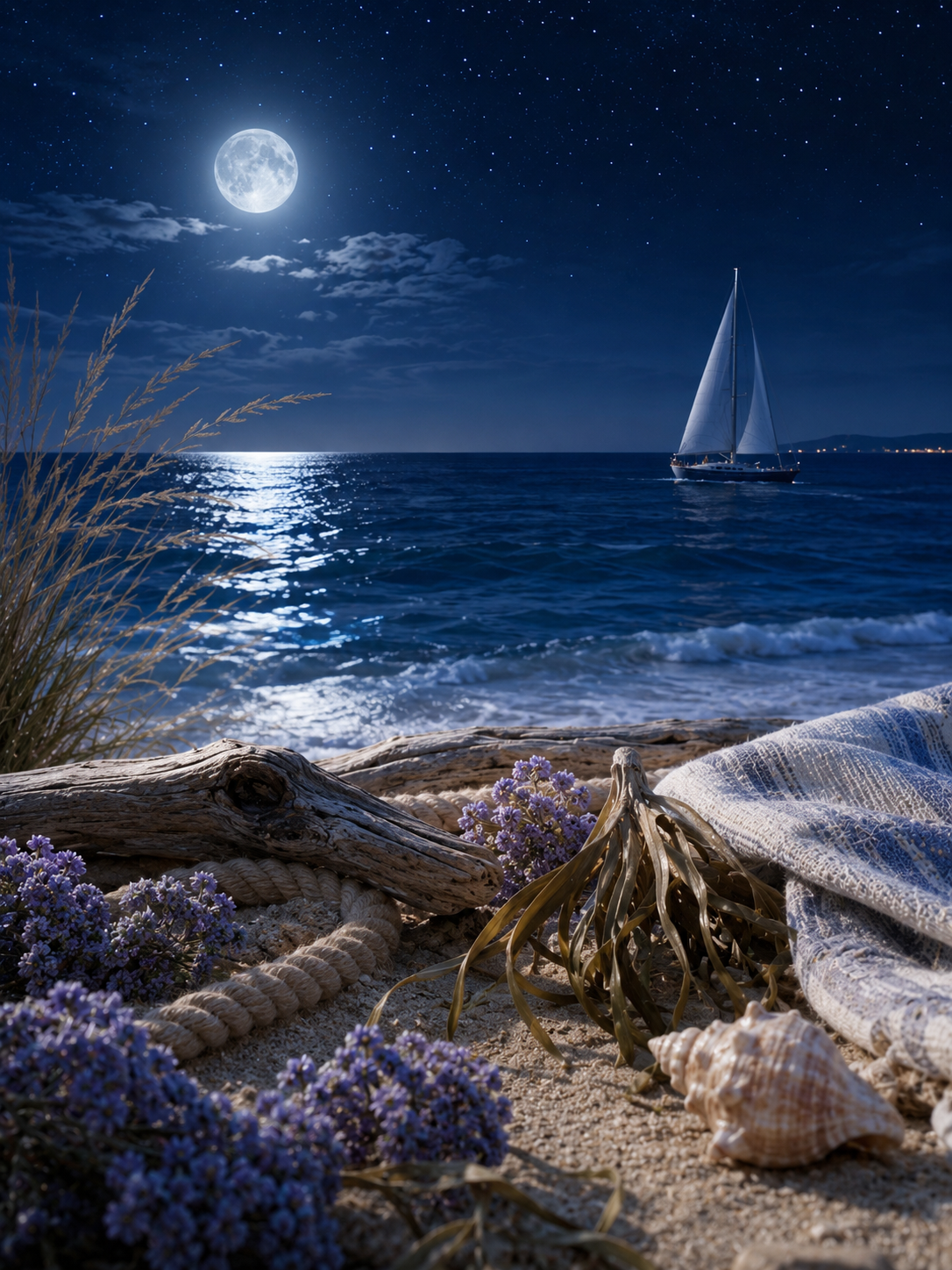 Sailboat on the ocean under a full moon with beach elements like lavender and driftwood.