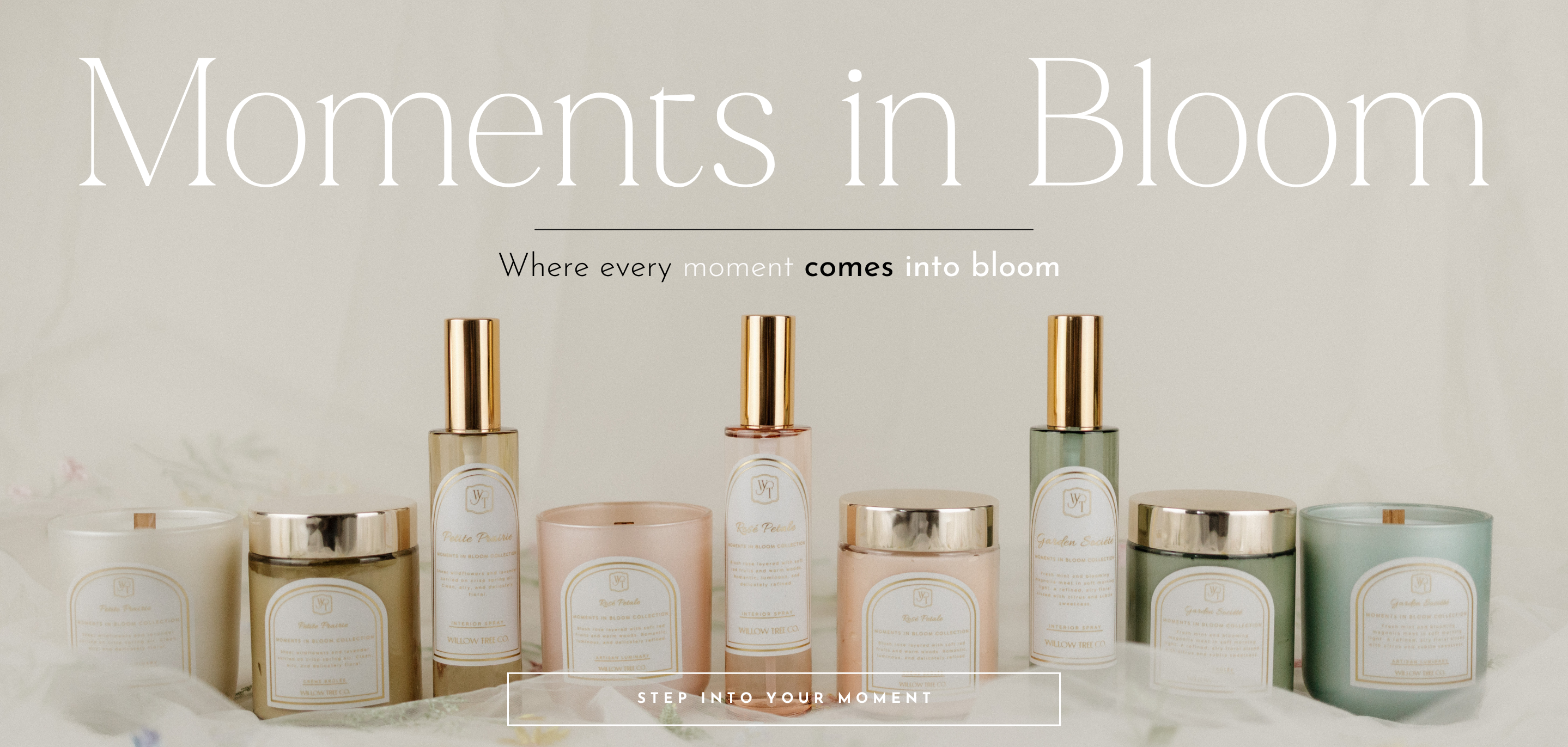 Collection of skincare products with 'Moments in Bloom' branding on a neutral background