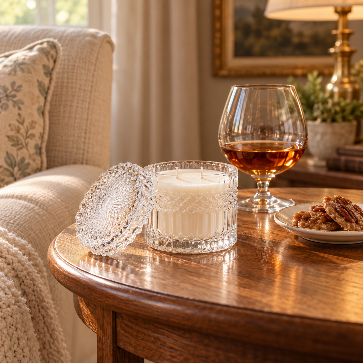 A clear cut-glass candle jar with a matching lid sits on a wooden table beside a glass of amber cognac, with a plate of pecan pralines and a beige armchair in a softly lit living room.