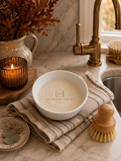 A white ceramic bowl containing a creamy off-white product, printed with 'THE WILLOW TREE CO.' and a small 'W' logo, resting on a striped beige and gray kitchen towel on a marble countertop.