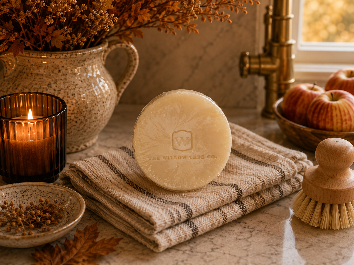A round bar of soap with 'THE WILLOW TREE CO.' embossed on top, resting on a folded striped beige towel on a marble countertop.