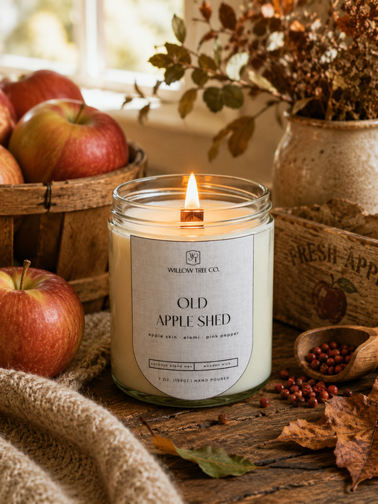 A lit candle in a clear glass jar sits on a rustic wooden table surrounded by apples, dried leaves, and autumn decor. The label reads 'WILLOW TREE CO.