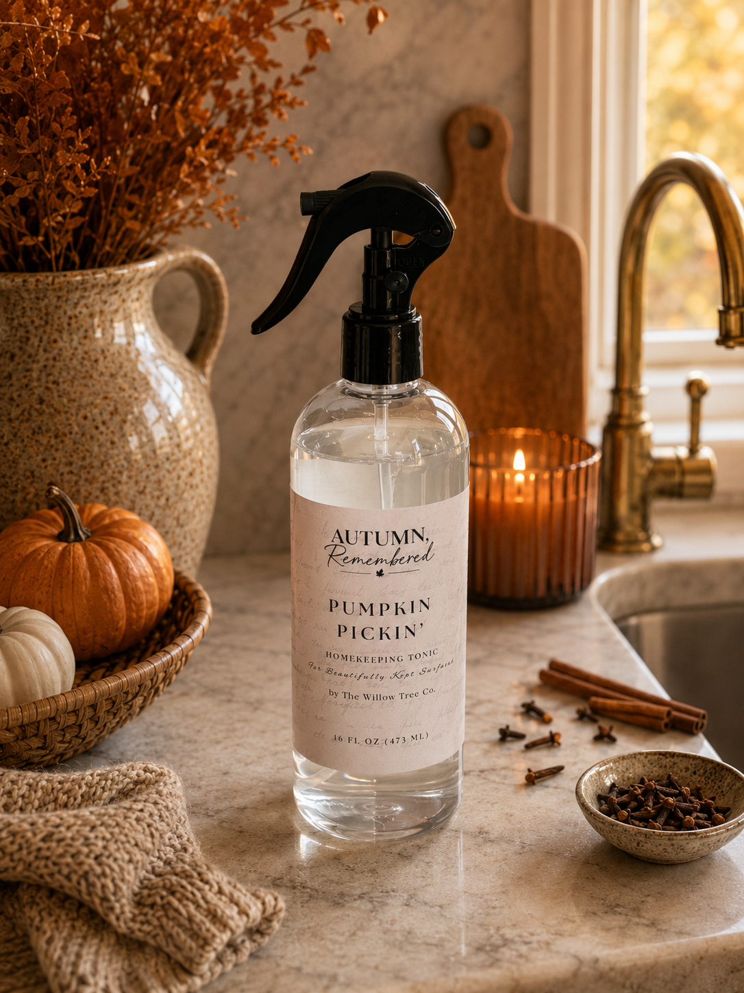 A clear spray bottle of Autumn, Remembered Pumpkin Pickin' room spray with a black trigger sprayer, set on a kitchen counter surrounded by fall decor including a pumpkin, cinnamon sticks, cloves, and a lit candle.