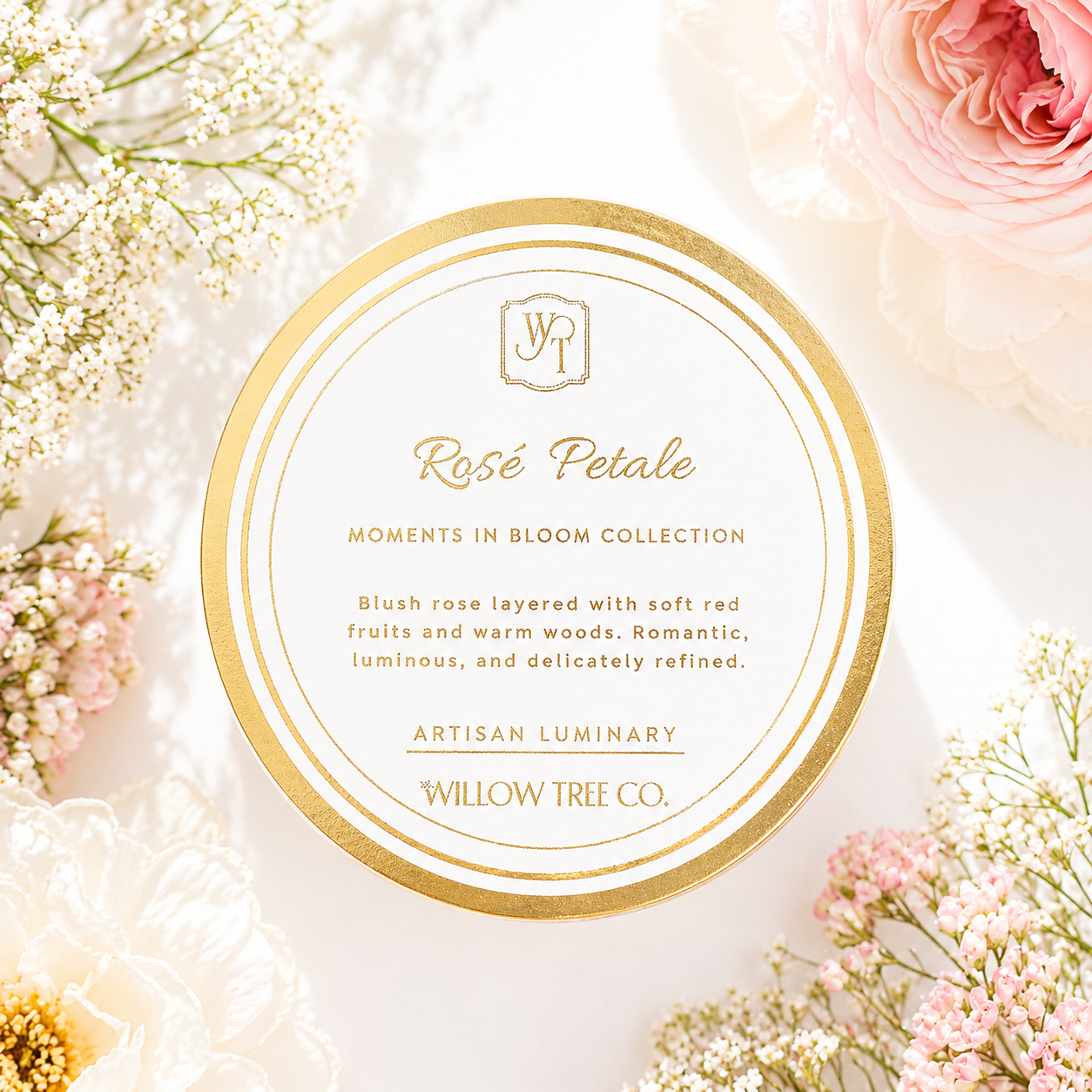 Rosé Petale luxury candle with gold lid surrounded by blush roses and soft florals in bright romantic styling