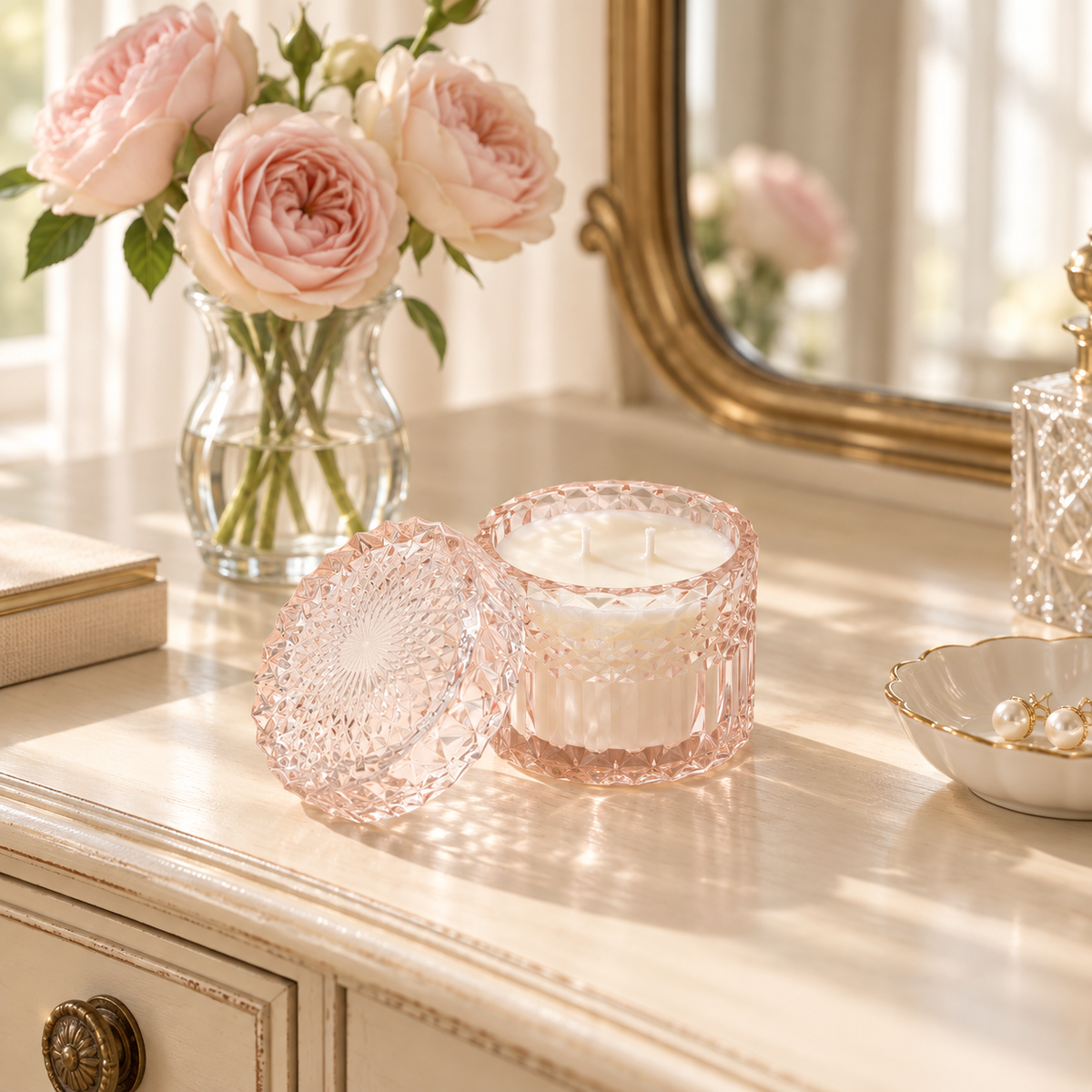 A pink faceted glass jar candle with its lid off, placed on a cream vanity table beside a vase of pale pink roses and a gold-framed mirror.