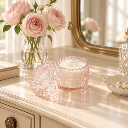 A pink faceted glass jar candle with its lid off, placed on a cream vanity table beside a vase of pale pink roses and a gold-framed mirror.