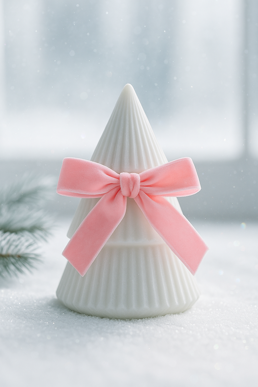 White decorative cone with a pink bow on a snowy background
