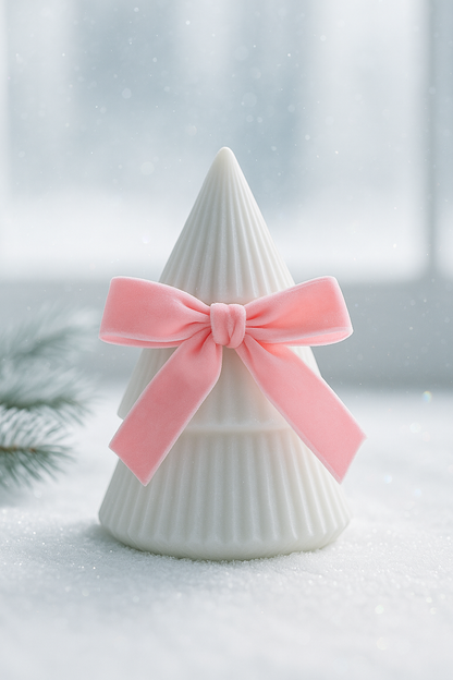 White decorative cone with a pink bow on a snowy background