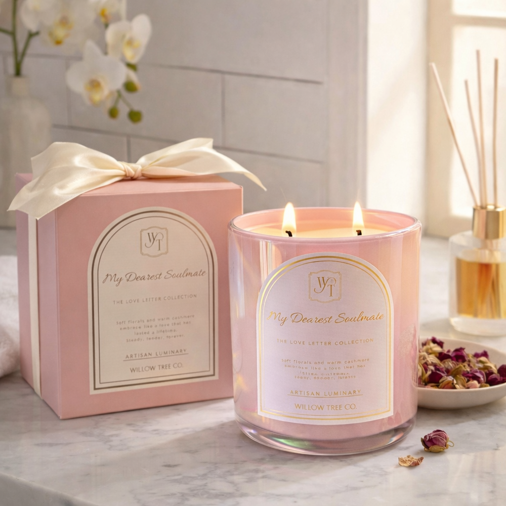 Pink candle with a matching box on a marble surface, with flowers and a diffuser in the background.