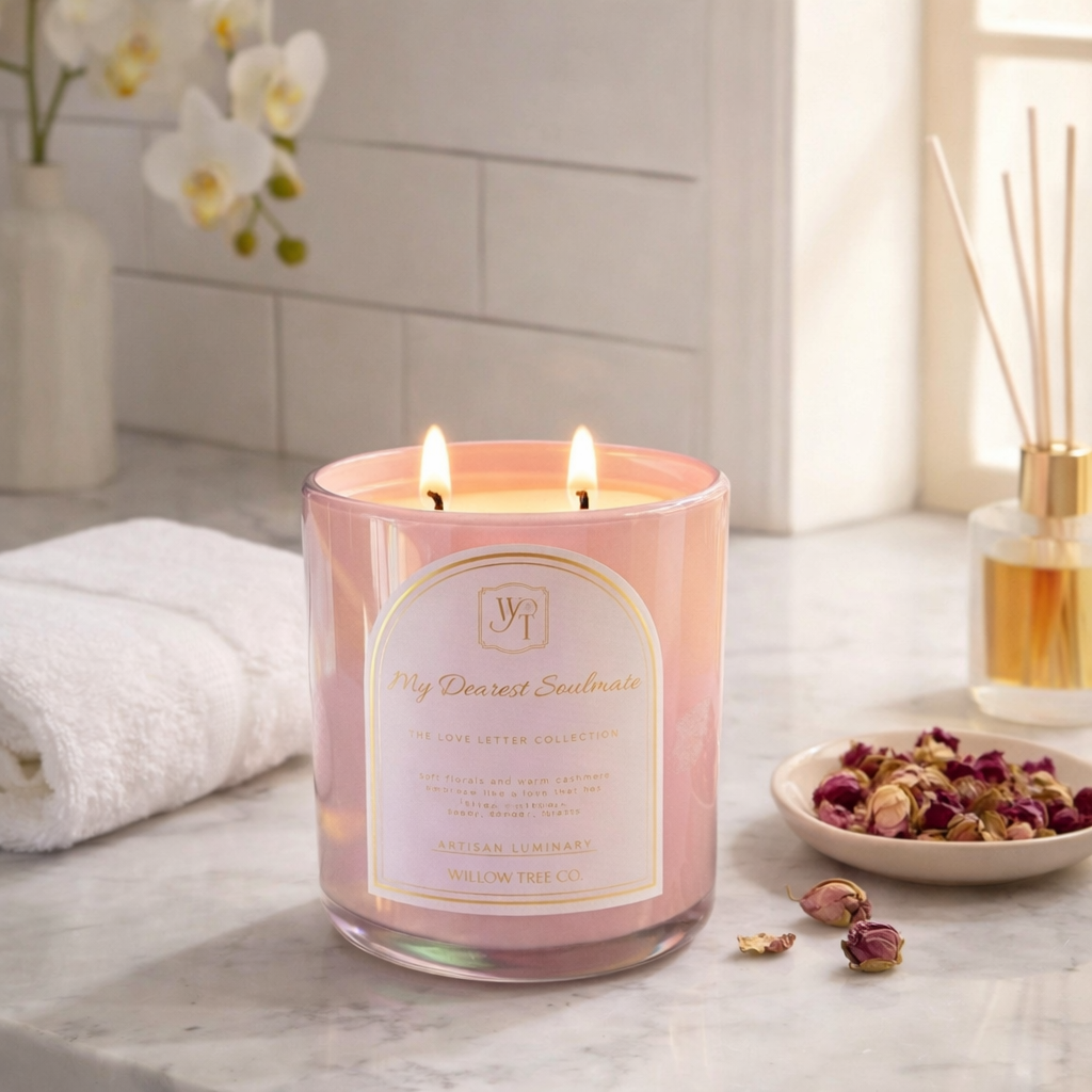 Pink candle with a label on a marble surface with flowers and a diffuser in the background