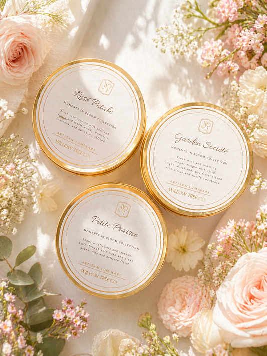 Luxury spring candle trio featuring Garden Société, Petite Prairie, and Rosé Petale with gold lids styled among soft florals