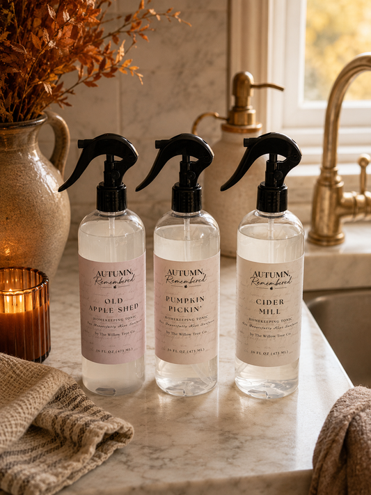 Three clear spray bottles of Autumn Remembrance cleaning products labeled Old Apple Shed, Pumpkin Pickin', and Cider Mile, arranged on a marble countertop in a warm, rustic bathroom setting.