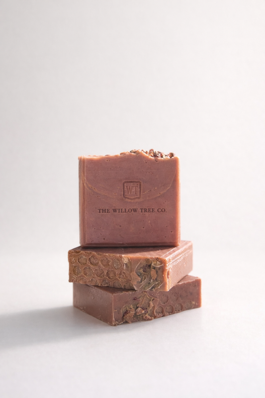 Three bars of soap stacked on a white background with 'The Willow Tree Co' branding.
