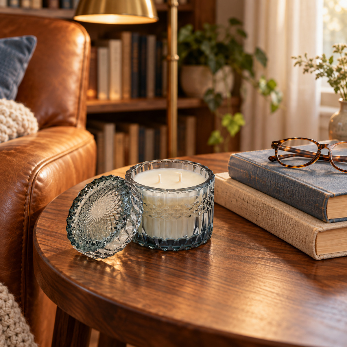 A textured glass jar candle with its matching lid resting beside it on a wooden table in a cozy living room setting. The candle is in a clear, smoky blue textured glass jar with white wax, set next to a stack of books and a pair of eyeglasses on a round wooden table, with a brown leather armchair and a bookshelf in the background.