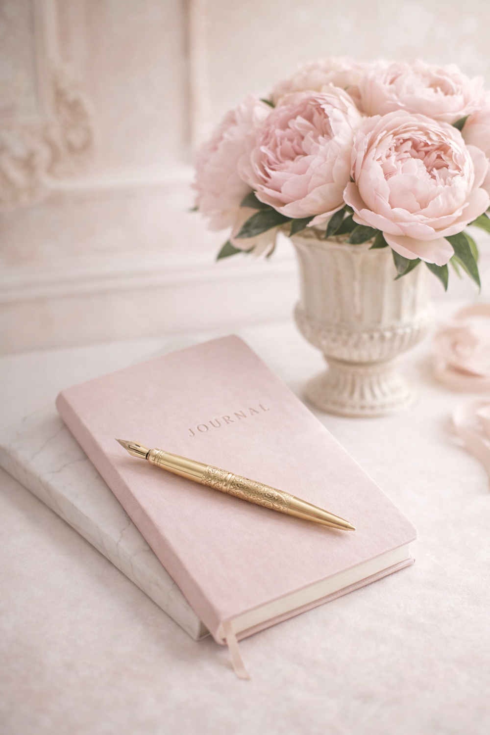 Pink journal with a gold pen and pink flowers in a vase on a light surface.