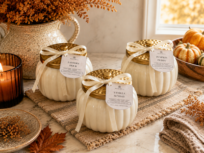 Three decorative pumpkin-shaped candles in cream-colored jars with gold lids and white ribbon bows, labeled 'Pumpkin Pickin' and 'Vanilla Sunday,' styled on a woven mat with fall decor including pumpkins, a candle, and dried leaves.