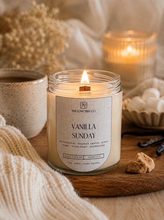 A lit 'Vanilla Sunday' scented candle by Willow Tree Co in a clear glass jar, styled on a wooden board with a mug, marshmallows, and dried flowers in a cozy setting.